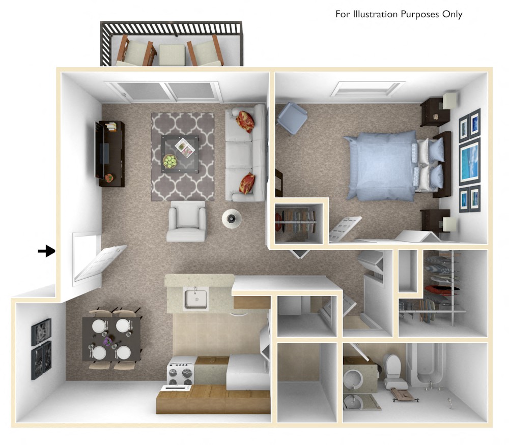 Floor plan for 1 bed, 1 bath, 615 sqft